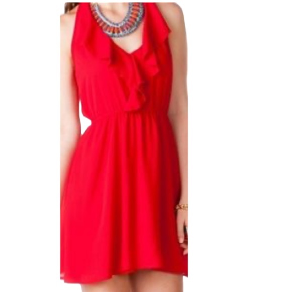 EUC Lulus Bright Red Classic Halter Ruffle Dress size L - Picture 1 of 6
